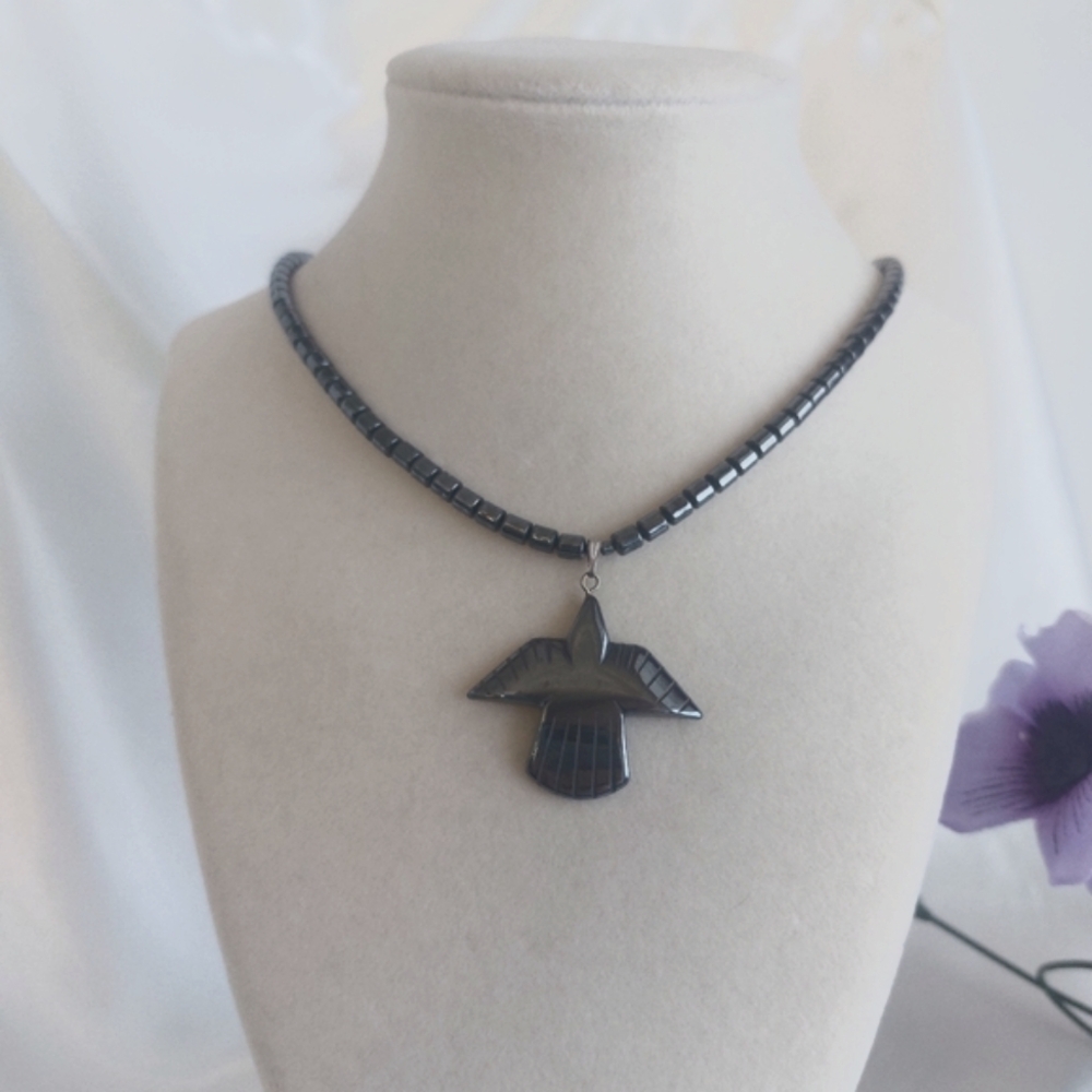 Phoenix Bird Necklace Black Hematite Beads Pendant Positive Statement Like New